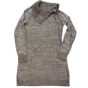 Prana Sweater Dress Brown Heather Fold Over Collar Mixed Stitch Medium Pockets